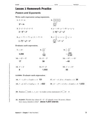 T Integer Exponents Key Objectives Evaluate powers with negative exponents. . Lesson 2 problem solving practice powers and exponents answer key